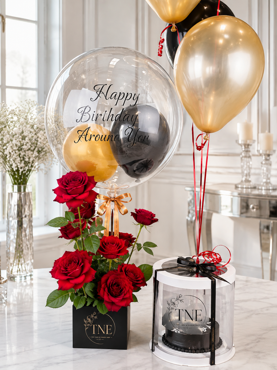 TNE Luxury Birthday Roses, Cake & Balloon Gift Set