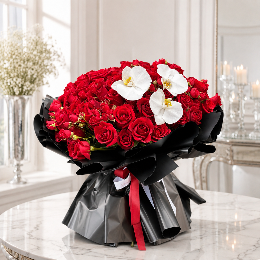Crimson Elegance Red Roses & White Orchids Bouquet