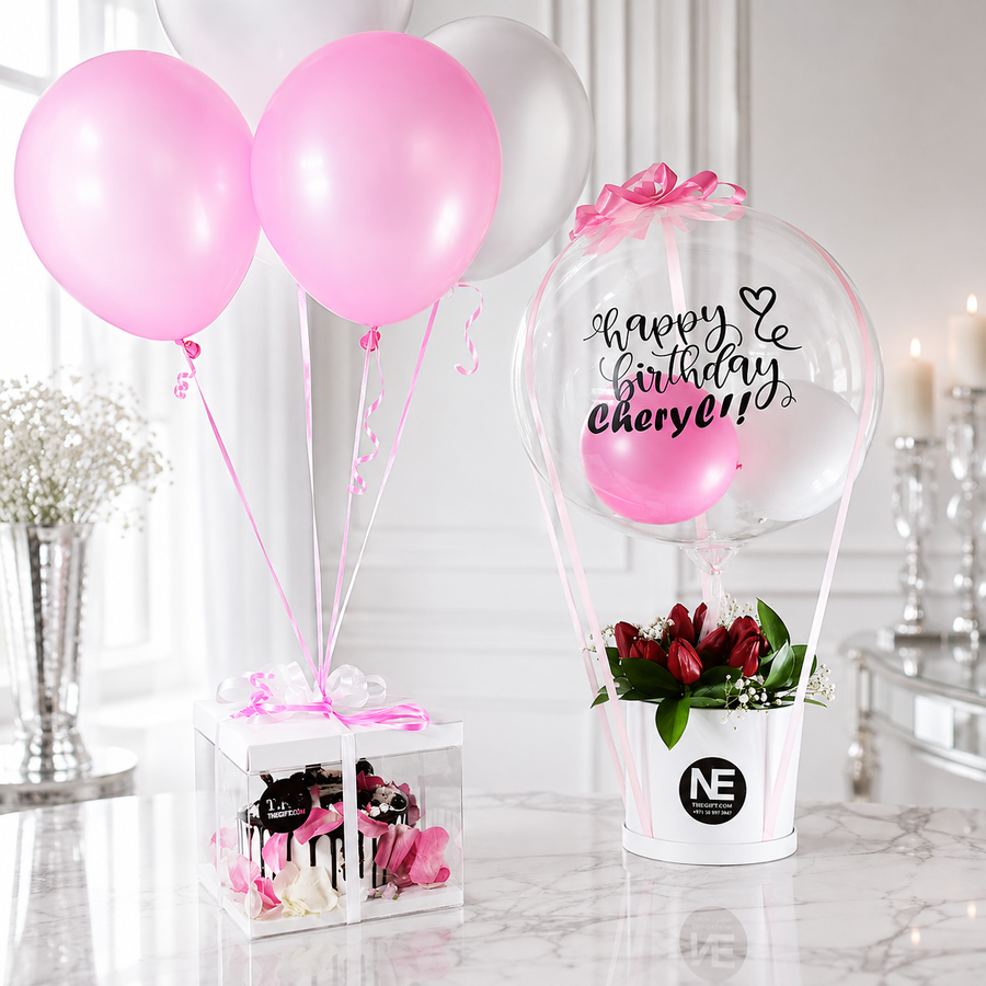 TNE - Pink Birthday Bliss – Cake, Tulips & Balloon Gift Set