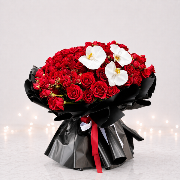 Crimson Elegance Red Roses & White Orchids Bouquet