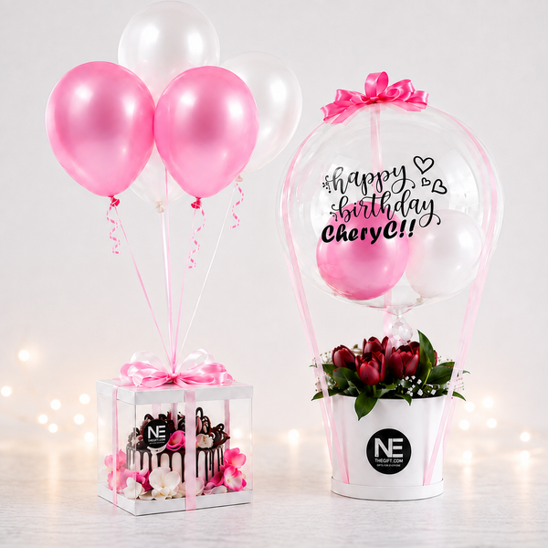TNE - Pink Birthday Bliss – Cake, Tulips & Balloon Gift Set