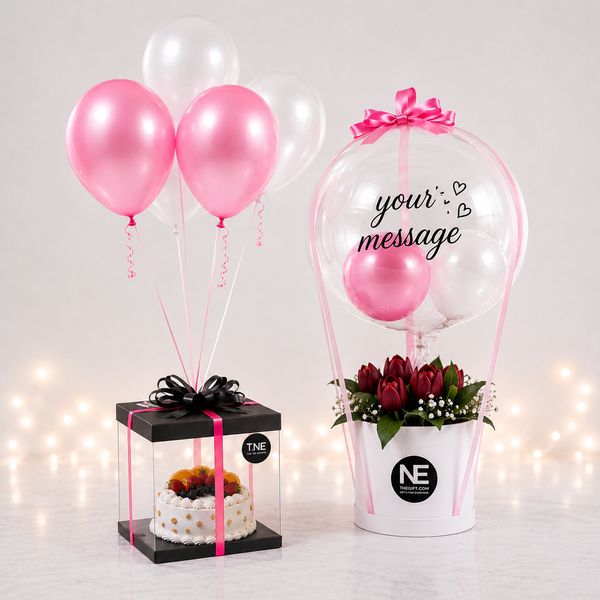 TNE - Pink Birthday Bliss – Cake, Tulips & Balloon Gift Set