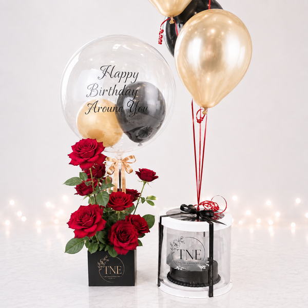 TNE Luxury Birthday Roses, Cake & Balloon Gift Set