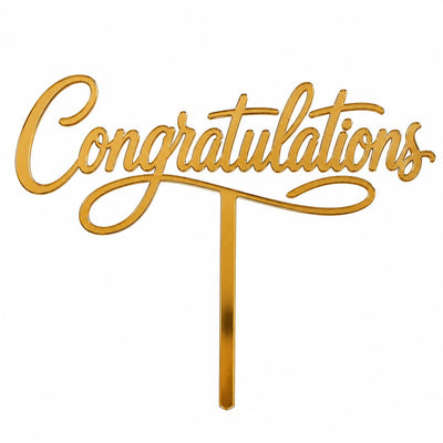 Gold mirror acrylic topper reading Congratulations, laser-cut in one piece with its stem