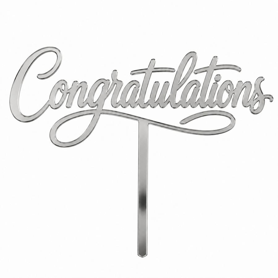 Silver mirror acrylic topper reading Congratulations, laser-cut in one piece with its stem