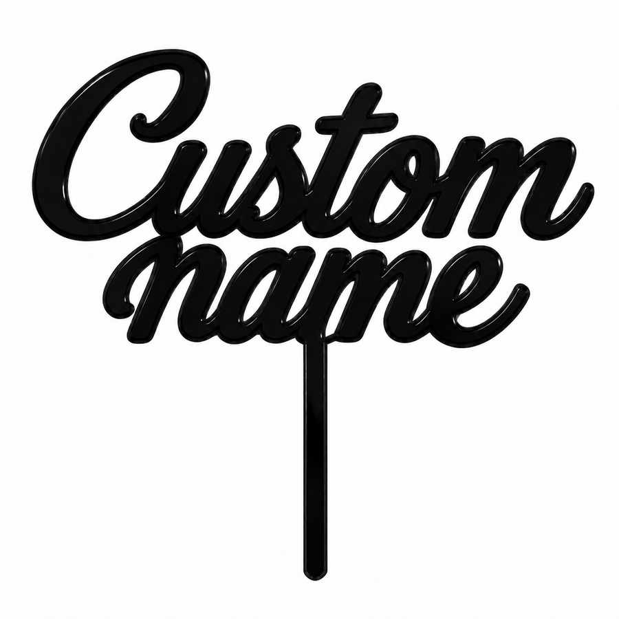 Black acrylic topper showing the placeholder words Custom Name