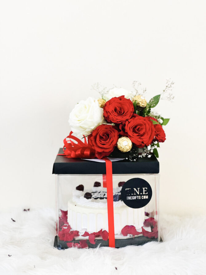 Customized Cake box with Chocolates & Roses